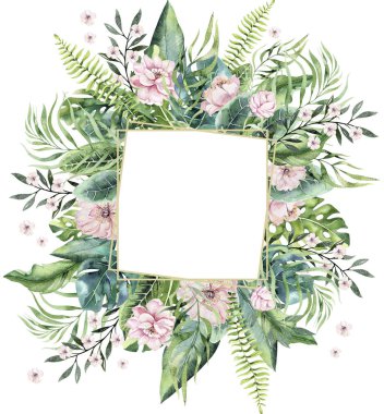 El ile flamingo suluboya tropikal altın florariums çekilmiş. Metin, orman egzotik backgraund mükemmel düğün Aloha davetiyesi için egzotik florarium çerçeve resimler