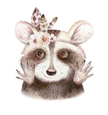 Suluboya boho çiçek tüylü izole rakun. bohem doğal arka plan: yaprakları, tüyleri, çiçekleri, Sanatsal dekorasyon illüstrasyon. Tarihi kaydedin, weddign tasarım, kreş illüstrasyon