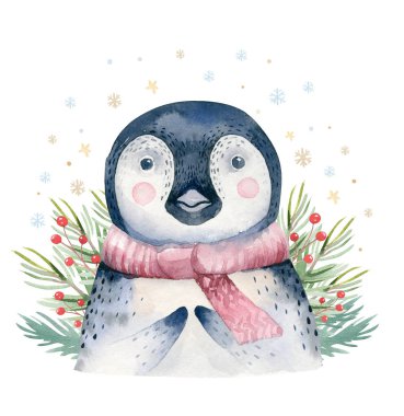 Suluboya sevimli bebek penguen karikatür hayvan portre tasarımı. Beyaz arka planda kış tatili kartı. Yeni yıl dekorasyon, mutlu noel elemanları