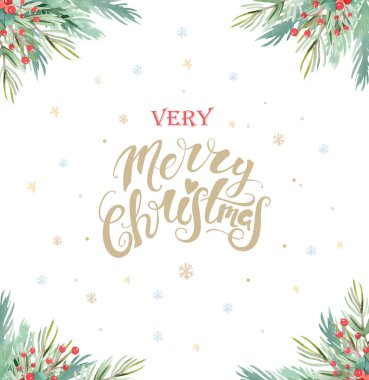 Poinsettia, köknar dalları, koniler, holly ve diğer bitkilerin suluboya noel tasarım kompozisyonu. Kış kapağı, davetiye, afiş yanal, tebrik kartları