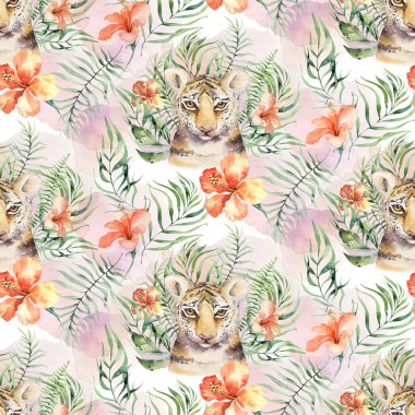 Sorunsuz suluboya hayvan kaplan desen tropikal yapraklarla kaplanlar ile aloha orman Hawaii. Palmiye yaprağı el boyalı. Tropic yaz arka plan, kağıt, tekstil veya duvar kağıdı tasarımı ile doku.