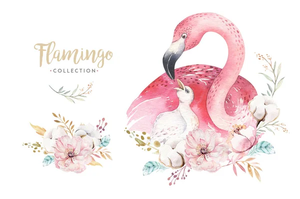 Watercolor cute cartoon illustration with cute mommy flamingo and baby, flower leaves. Mother and baby illustration bird design. Tropical mom bird decoration