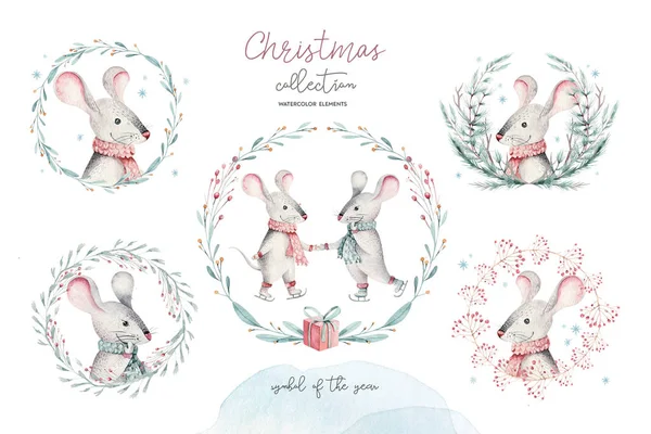 Cute funny cartoon christmas mouse christmas card. Watercolor hand drawn rat animal illustration. New Year 2020 holiday drawing. Isolated chinese symbol