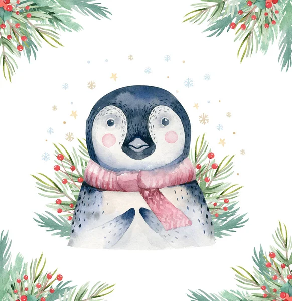 水彩画かわいい赤ちゃんペンギン漫画動物の肖像画のデザイン 白い背景に冬の休日カード 新年の装飾 メリークリスマス要素 — ストック写真