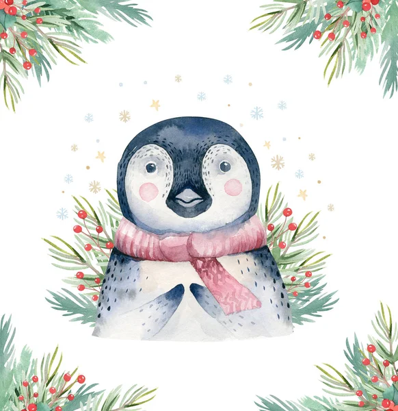 Watercolor cute baby penguin cartoon animal portrait design. Winter holiday card on white background. New year decoration, merry christmas elements