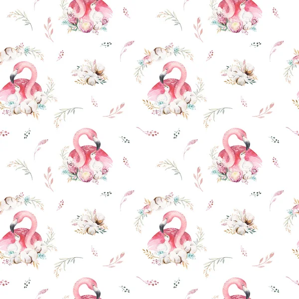 Aquarel schattig cartoon kleine baby en moeder Flamingo met bloemen krans naadloze patroon. tropische weefsel achtergrond. Moeder en baby design. Dierlijke tekening — Stockfoto