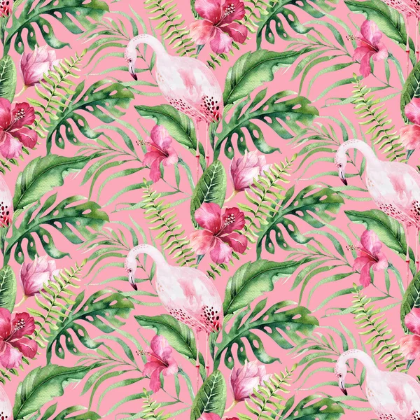 Hand Drawn Watercolor Tropical Bird Flamingo Seamless Pattern Exotic Rose — Stock Photo, Image