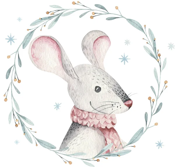 Mignon dessin animé drôle carte de Noël de la souris de Noël. Aquarelle dessin à la main rat animal illustration. Nouvel An 2020 dessin de vacances. Symbole chinois isolé — Photo