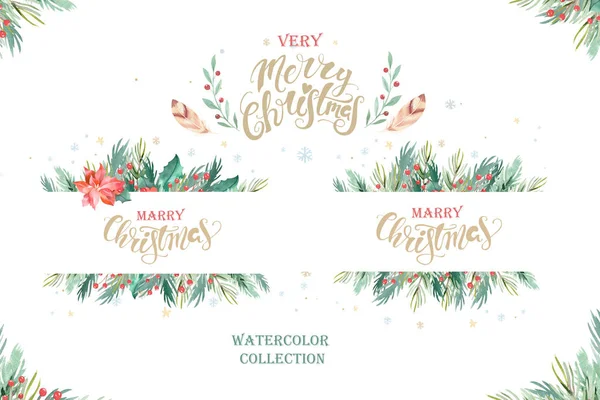 Watercolor Christmas Design Composition Poinsettia Fir Branches Cones Holly Other — Stock Photo, Image
