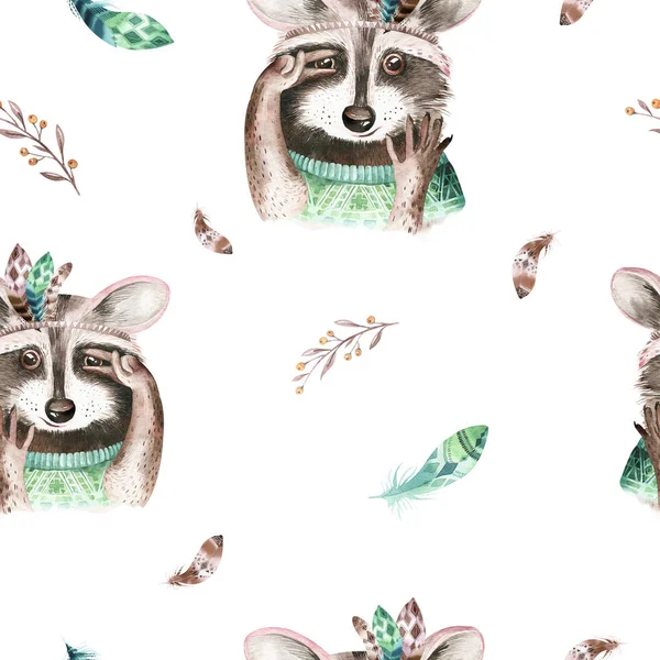 WaterColor Boho blommig Raccoon sömlös mönster med fjäder. bohemisk natur bakgrund: löv, fjädrar, blommor, konstnärlig dekoration illustration. Weddign design, plantskola illustration — Stockfoto