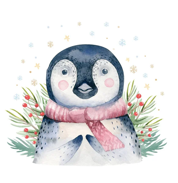 水彩画かわいい赤ちゃんペンギン漫画動物の肖像画のデザイン 白い背景に冬の休日カード 新年の装飾 メリークリスマス要素 — ストック写真