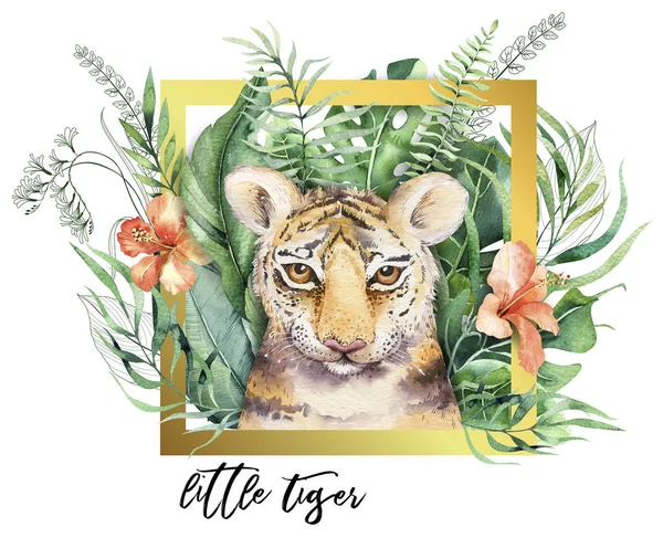Ilustración tigre acuarela y verano paraíso tropical hojas selva impresión con marco. Planta de palma y flor aisladas o blancas . — Foto de Stock