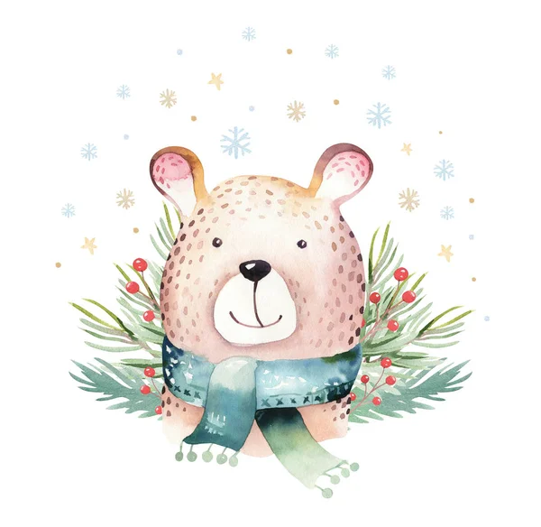 Watercolor Cute Baby Bear Cartoon Animal Portrait Design Winter Holiday — Stock Photo, Image