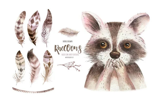 Watercolor boho floral isolated raccoon with feather. bohemian natural background: leaves, feathers, flowers, Artistic decoration illustration. Save the date, weddign design, nursery illustration — Stock Photo, Image