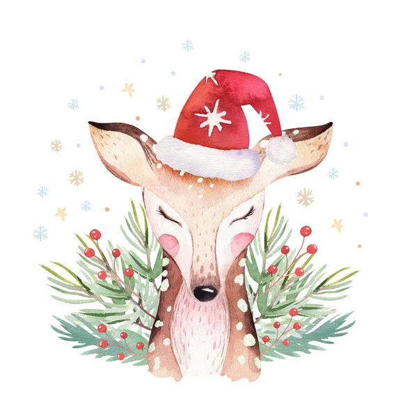 Watercolor cute cartoon animal portrait design. Winter holiday card on white background. New year decoration, merry christmas postcards