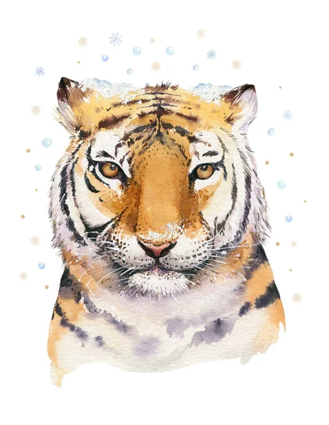 Veselý vánoční akvarel s ojedinělou rozkošně kreslený akvarel, Sibiřský tygr. Ruční kresba blahopřání k novému roku. — Stock fotografie