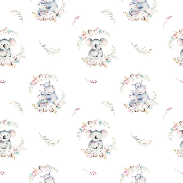 Akvarell Aranyos Rajzfilm Kis Baba Anya Koala Virágkoszorú Zökkenőmentes Minta — Stock Fotó