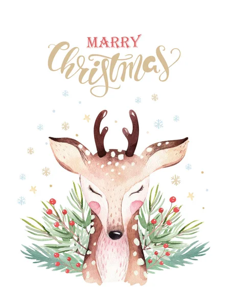 Watercolor cute cartoon animal portrait design. Winter holiday card on white background. New year decoration, merry christmas postcards