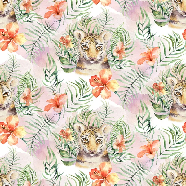 Seamless watercolor animal tiger pattern with tigers with tropical leaves, aloha jungle hawaiian. Hand painted palm leaf. Texture with tropic summer background, paper, textile or wallpaper design.
