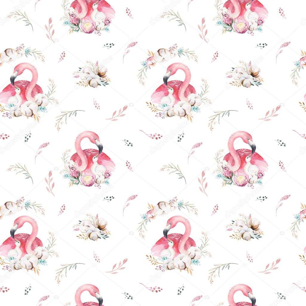 Watercolor cute cartoon little baby and mom flamingo with floral wreath seamless pattern. tropical fabric background. Mother and baby design. Animal drawing