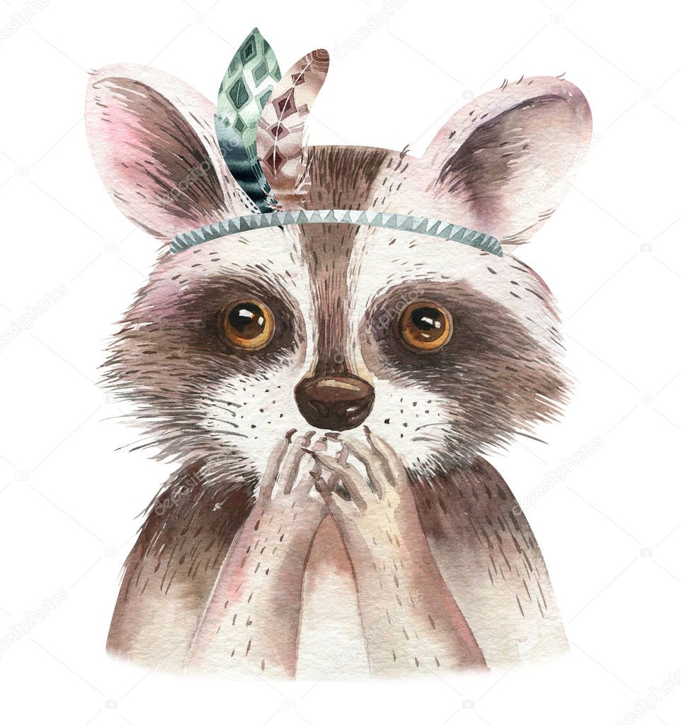 Watercolor boho floral isolated raccoon with feather. bohemian natural background: leaves, feathers, flowers, Artistic decoration illustration. Save the date, weddign design, nursery illustration