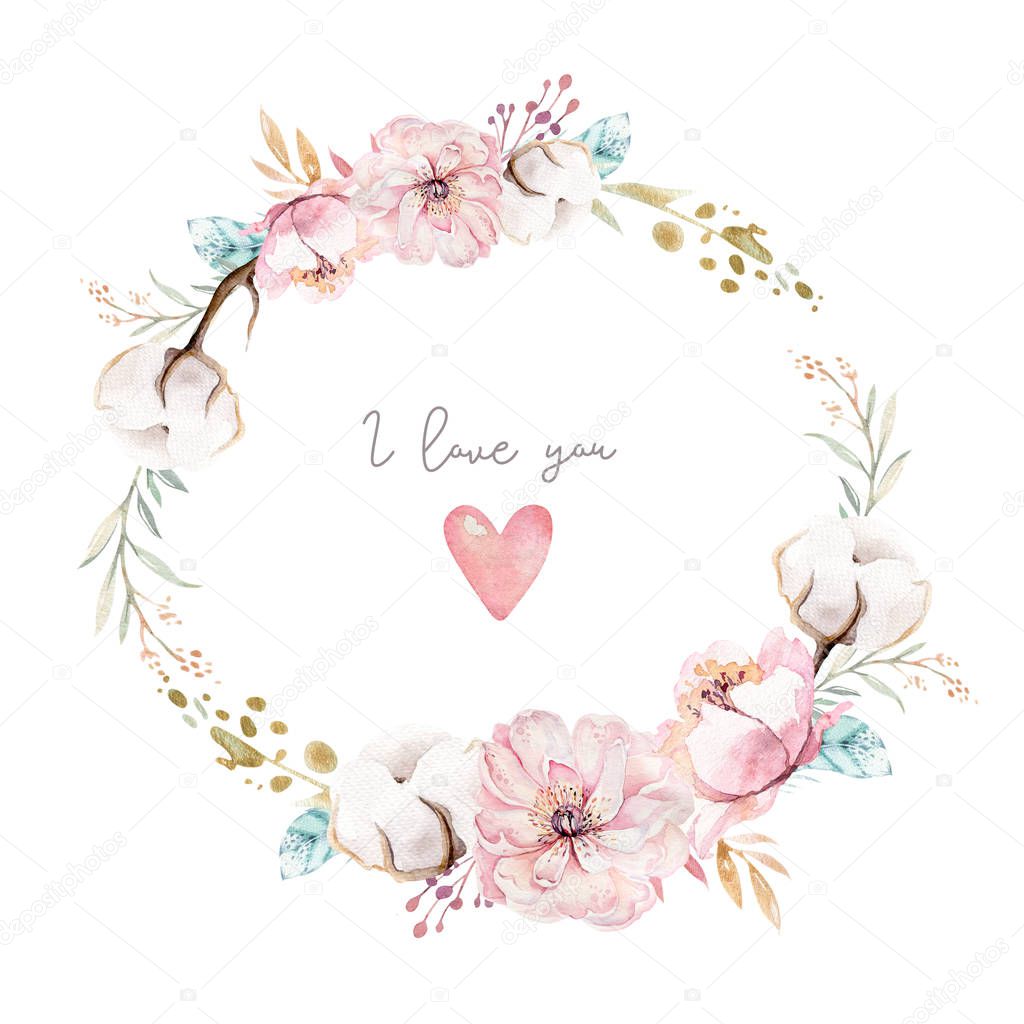 Watercolor boho floral wreath. Bohemian natural frame: leaves, feathers, flowers, Isolated on white background. Artistic decoration illustration. Save the date, weddign design,valentines day