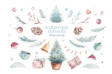 Noel tatili havası. Elle çizilmiş suluboya illüstrasyon. Chrismas temasındaki nesneler kümesi. Çam kozalağı, çiçek dalları, kırmızı meyveler, noel ağacı ve beyaz arka plan üzerinde bir hediye kutusu.