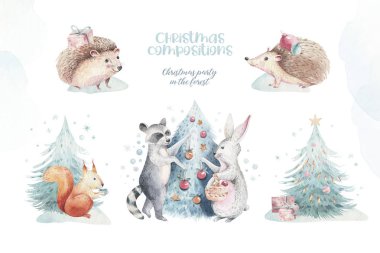 Noel Woodland orman karikatür kirpi, sevimli sincap, fare, tavşan hayvan karakteri ayarlayın. Kış rakun noel ağacı çiçek elemanları, buketleri, çilek, fllowers, kar ve kar taneleri,