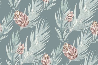 Koni ler şube ve noel ağacı ile kış neşeli noel dikişsiz doğa xmas desen. Çiçek suluboya doku arka plan kumaş için yeni yıl çiçek unsuru, hediye kağıt, Yeni yıl duvar kağıdı