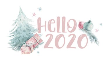 Suluboya noel merhaba 2020 illüstrasyon. Noel çan ve neşeli chistmas alıntı, posterler, kartlar, davetiyeler tasarımı için şablon. Yeni yıl illüstrasyon kartı. Yalıtılmış beyaz arka plan.