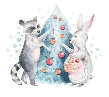 Noel Woodland orman karikatür sevimli tavşan ve rakun hayvan karakteri seti. Kış tavşan noel ağacı çiçek elemanları, buketleri, çilek, fllowers, kar ve kar taneleri,