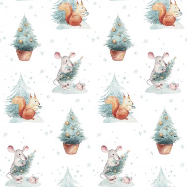 Noel ağacı ve sıçan ve sincap, tatil sevimli bebek fare hayvanlar ile Suluboya Merry Christmas sorunsuz desenler. Noel ağacı kutlama gazetesi. Kış yeni yıl tasarımı.