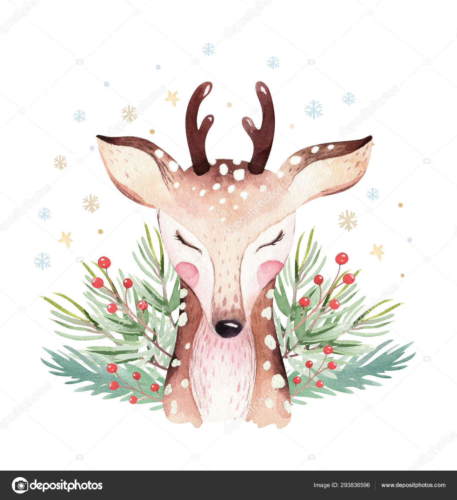 Watercolor cute cartoon deer animal portrait design. Winter holiday card on white background. New year fawn decoration, merry christmas postcard Stock Photo by ©mykef 293836596 Watercolor cute cartoon deer animal portrait design. Winter holiday card on white background. New year fawn decoration, merry christmas postcard Stock Photo by ©mykef 293836596