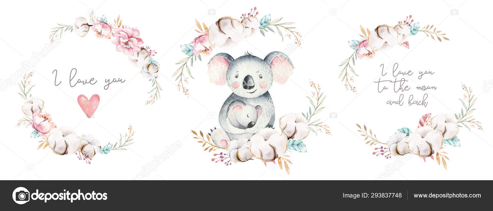 Watercolor Cute Cartoon Little Baby And Mom Koala With Floral Wreath Isolated Tropical Illustration Mother And Baby Design Animal Family Kid Love Birthday Drawing Stock Photo By C Mykef