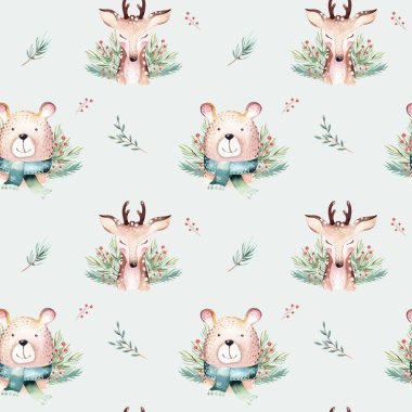 Sevimli bebek ayı ve geyik karikatür hayvan portre tasarımı ile suluboya dikişsiz desen. Beyaz kış tatil kartı. Yeni yıl dekorasyon, mutlu noel öğesi