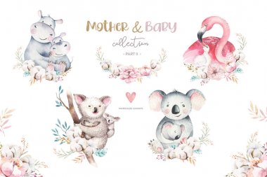 Sevimli anne flamingo ve bebek, çiçek yaprakları ile Suluboya sevimli karikatür illüstrasyon. Anne su aygırı ve bebek illüstrasyon kuş tasarımı. Tropikal anne koala