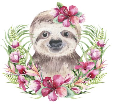 Bebek tembelliği olan bir poster. Suluboya karikatür tembel tropikal hayvan illüstrasyon. Orman egzotik yaz baskı.