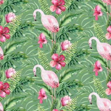 Elle çizilmiş suluboya tropik kuş flamingo seamless modeli. Egzotik kuş illüstrasyonlar, Orman ağacı, Brezilya moda sanat gül. Kumaş tasarım için mükemmel. Aloha koleksiyonu.