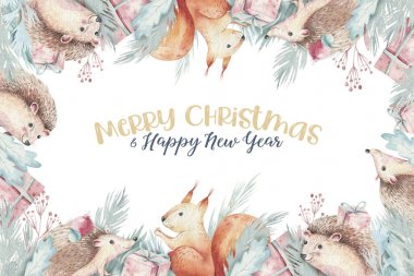 Noel Woodland orman karikatür kirpi, sevimli sincap, fare, tavşan hayvan karakteri ayarlayın. Kış rakun noel ağacı çiçek elemanları, buketleri, çilek, fllowers, kar ve kar taneleri,