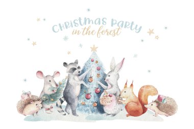 Noel Woodland orman karikatür kirpi, sevimli sincap, fare, tavşan hayvan karakteri ayarlayın. Kış rakun noel ağacı çiçek elemanları, buketleri, çilek, fllowers, kar ve kar taneleri,