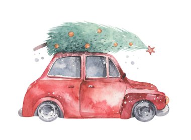 Suluboya Noel kartı taşıma illüstrasyonu. Mutlu Xmas kış ağacı tasarımı. El boyası Yeni yıl antika arabalar
