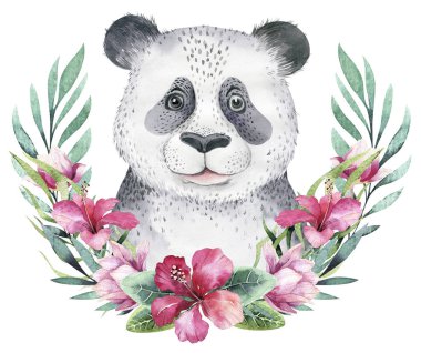 Bebek pandalı bir poster. Suluboya karikatür panda tropikal hayvan illüstrasyon. Orman egzotik yaz baskı.