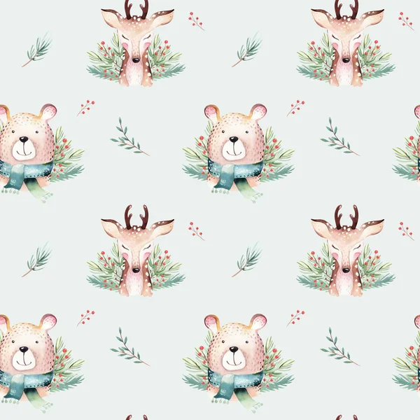 Sevimli bebek ayı ve geyik karikatür hayvan portre tasarımı ile suluboya dikişsiz desen. Beyaz kış tatil kartı. Yeni yıl dekorasyon, mutlu noel öğesi — Stok fotoğraf