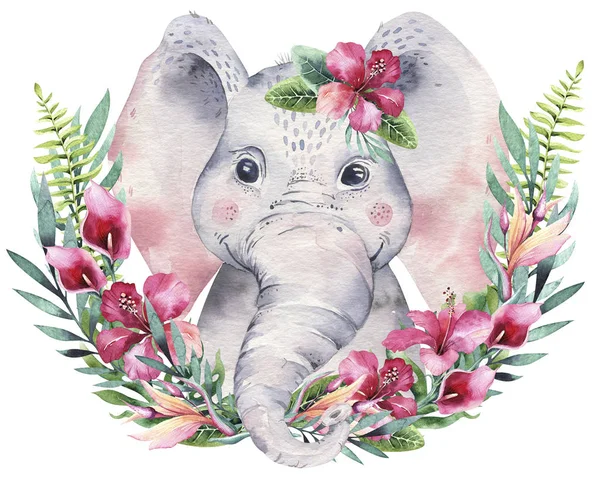아기 코끼리가 있는 포스터. 수채화 만화 코끼리 열대 동물 그림입니다. 정글 이국적인 여름 프린트. — 스톡 사진