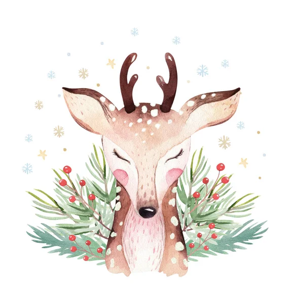 Aquarela bonito desenho animado veado retrato animal design. Cartão de férias de inverno no fundo branco. Ano Novo decoração fawn, feliz cartão postal de Natal — Fotografia de Stock