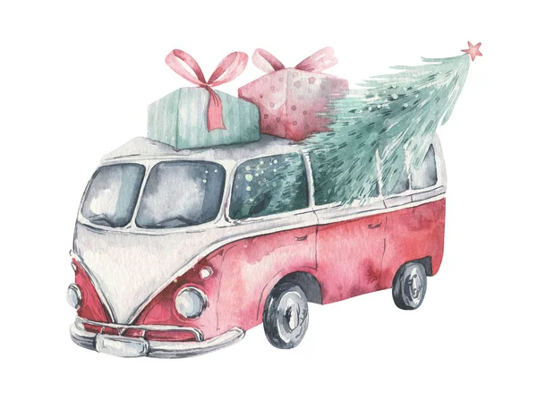 Akwarela świąteczne karty transportu ilustracji. Wesołych Świąt projekt choinki zimowej. Ręcznie malowane Nowy rok retro rocznika samochodów — Zdjęcie stockowe
