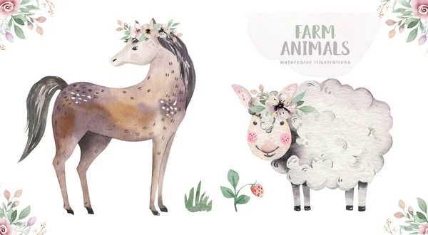 Farmy izolované živočišné sady. Roztomilá domácí zvířátka vodakbarevná ilustrace. design koní a ovcí. Oslava narození dítěte — Stock fotografie