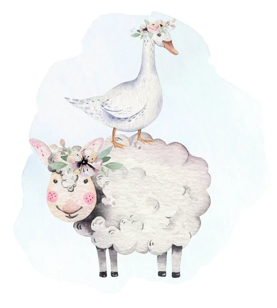 Zvířata na farmách. Roztomilé domácí mazlíčci akvarel ilustrace. kůň a husa. design prasete s kozou. kohout kuře a ovce, kráva — Stock fotografie