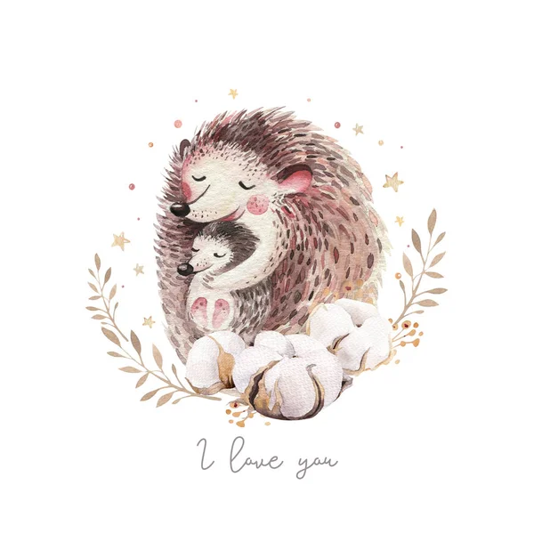 WaterColor mors dag kort-Mother Hedgehog omfamna sitt barn. Little Deer baby och mor akvarell tecknad baby plantskola. Skog rolig ung igelkott illustration. Mamma och baby inredning — Stockfoto