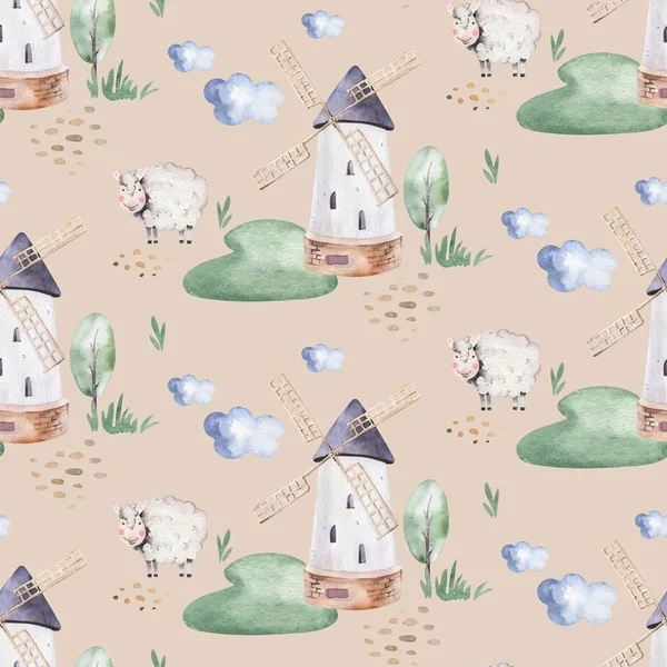 Akvarell sömlösa mönster med söta bondgårdsdjur med Get, häst, gås och Ko. kyckling, får och gris tamdjur illustration. — Stockfoto